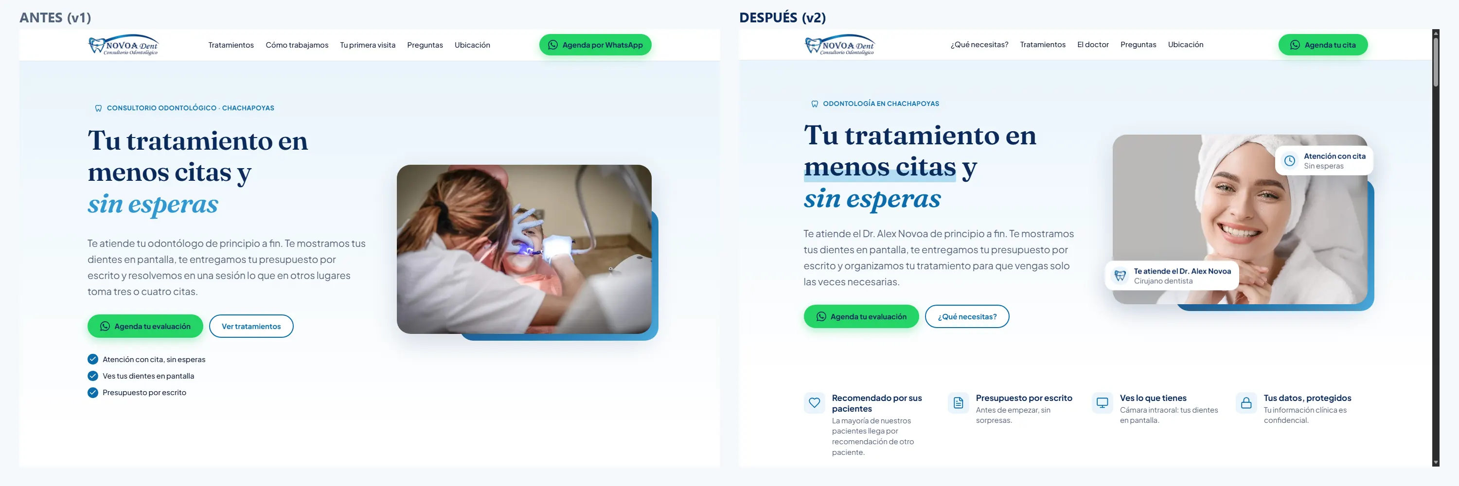 Comparativa de la primera pantalla de la versión 1 y la versión 2 de la web, en escritorio.