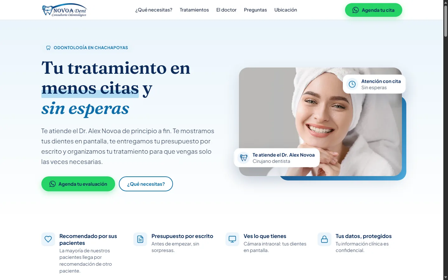 Primera pantalla de la web de Novoa Dent en escritorio, con el titular «Tu tratamiento en menos citas y sin esperas».
